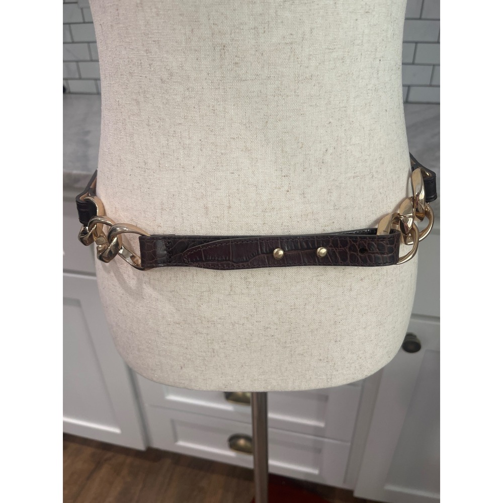Talbots Belt Womens L Brown Croc Embossed Leather Gold Chain Link Skinny Belt